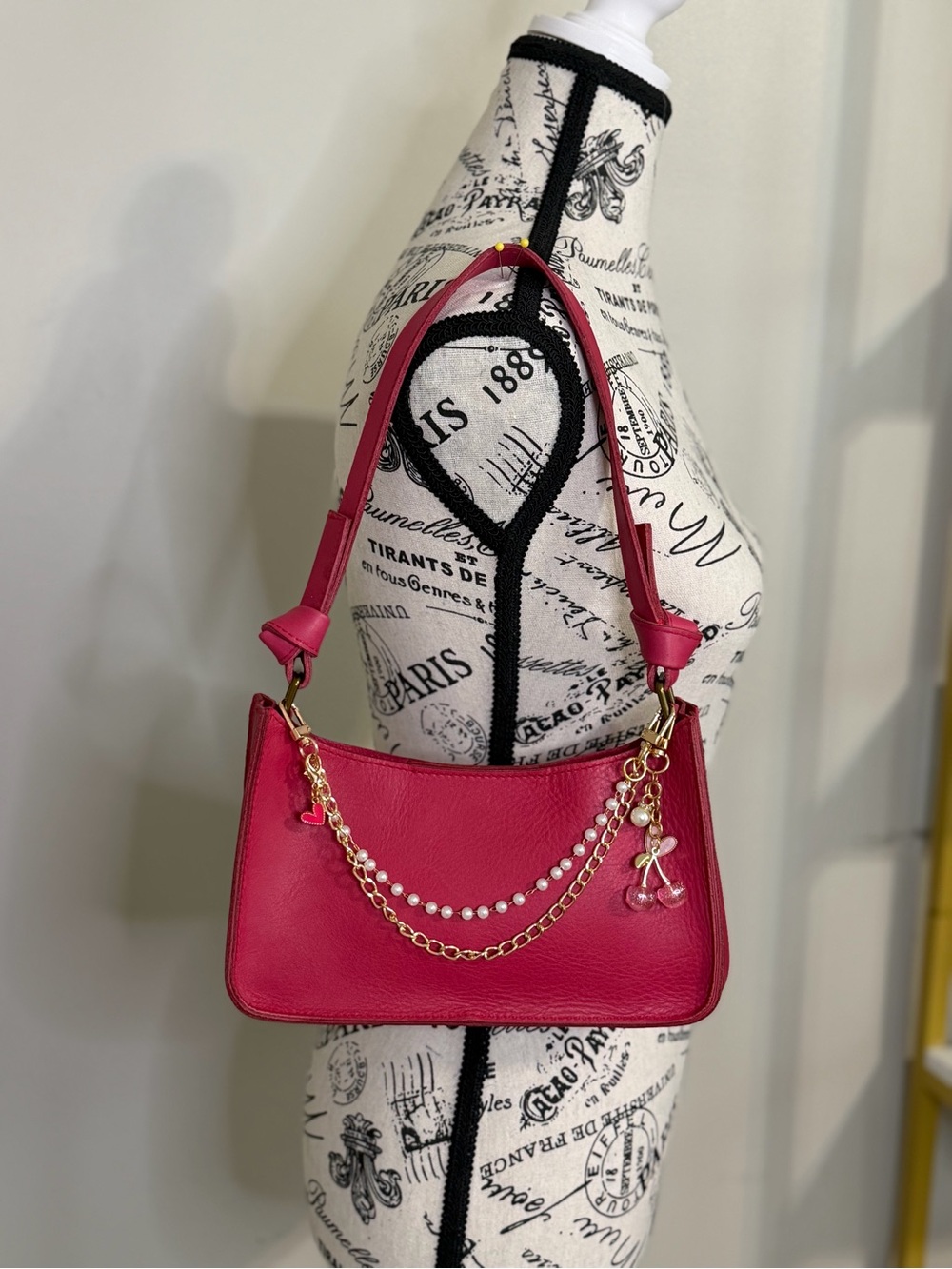 Madewell Hot Pink Shoulder Bag with Gold Chain & Pearl Charms